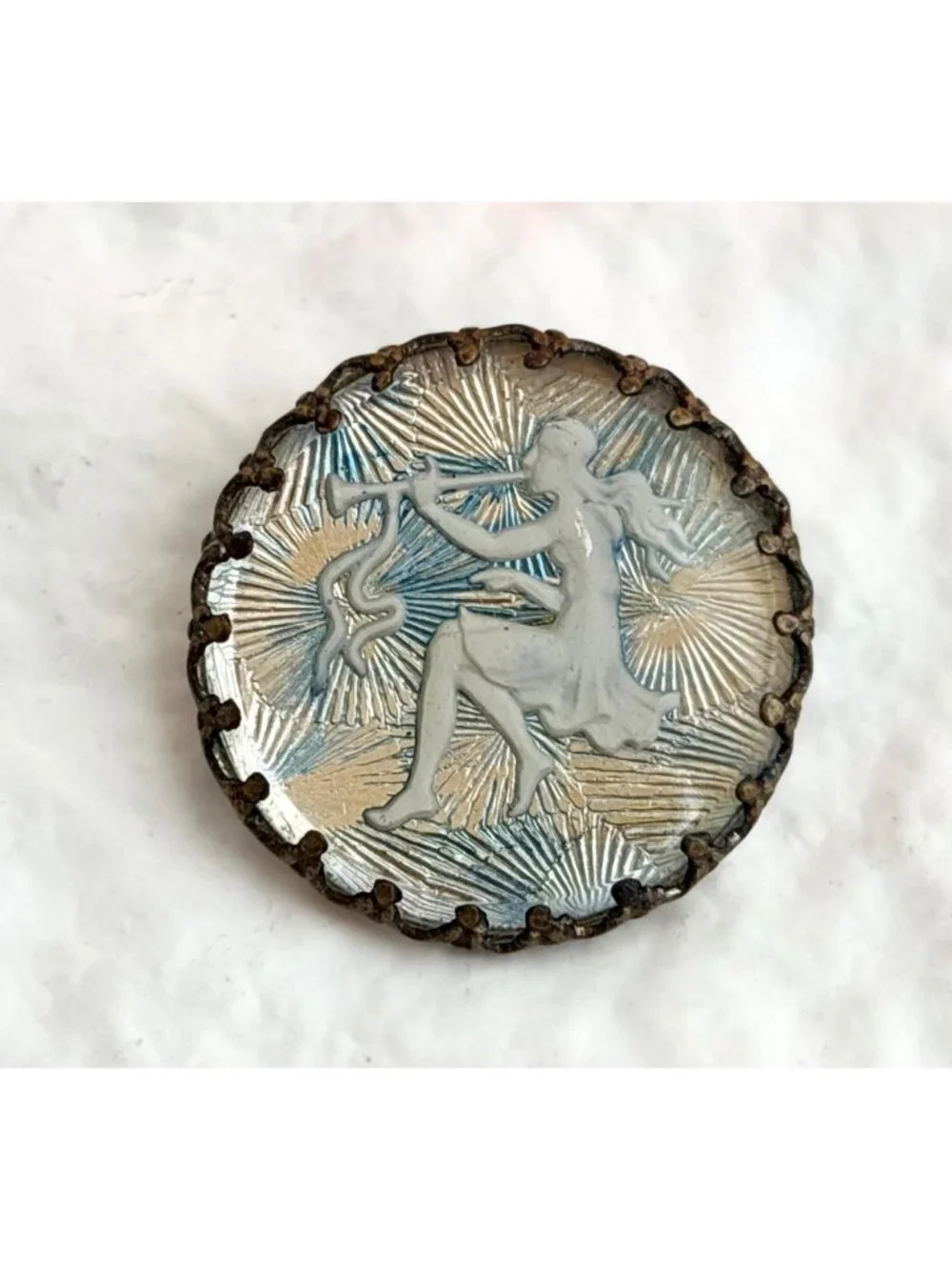 Edwardian Antique Sulfide Glass Cameo Blue Angel Blowing Horn Vintage Pin